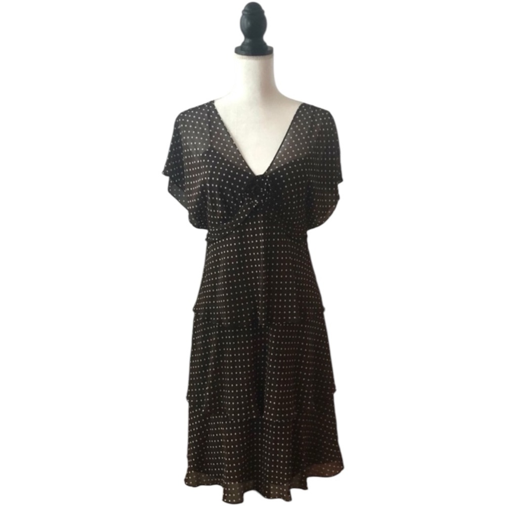 Liz Claiborne Brown Polka Dot Chiffon Dress Size 8 Tiered V-Neck Vintage